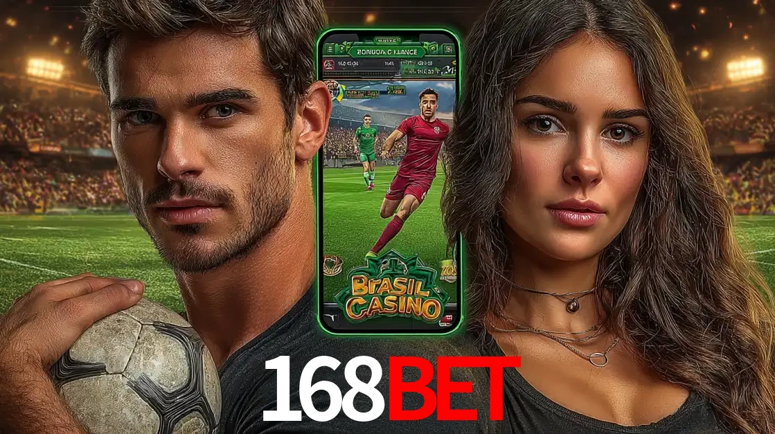 Homem segurando uma bola de futebol e uma mulher ao lado de um smartphone exibindo o jogo de apostas esportivas da 168BET. Faça seu palpite no cassino online.